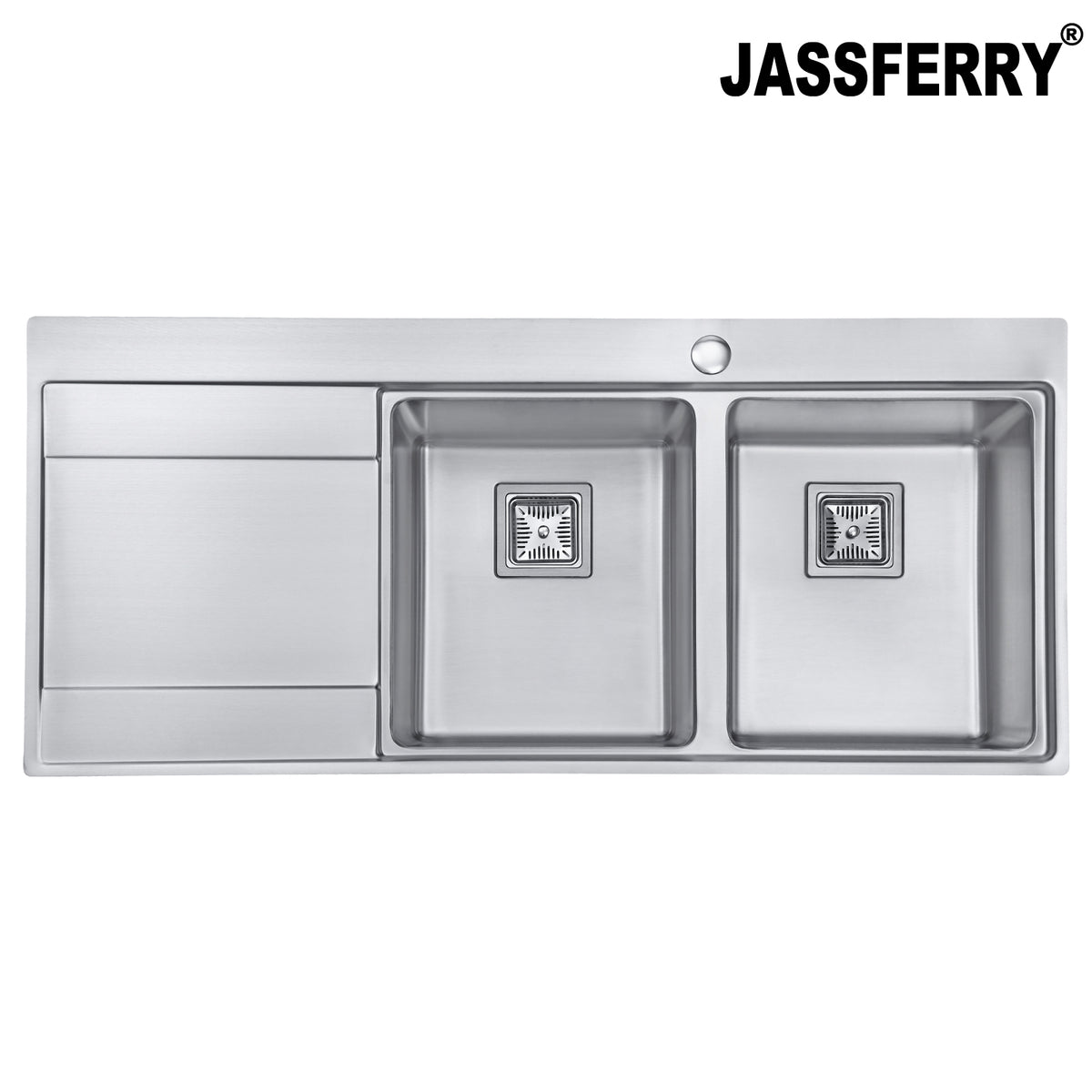 JASSFERRY Stainless Steel Kitchen Sink, 2 Bowl Left Hand Drainer, Square Strainer, 1160 x 520mm -699R