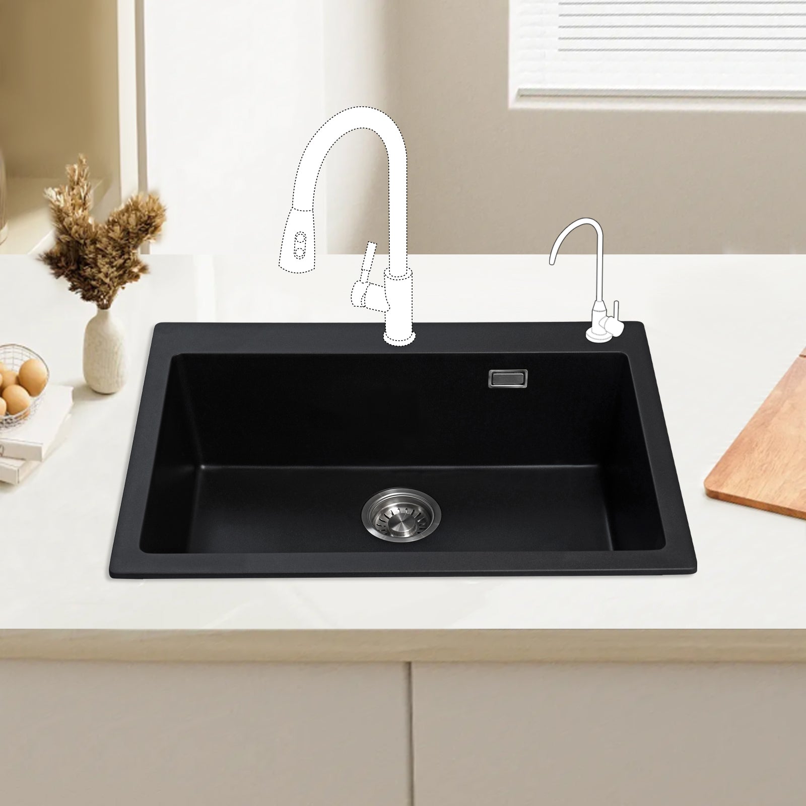 JASSFERRY Black Composite Kitchen Sink Drop-in Deep Single Bowl with Waste -7051