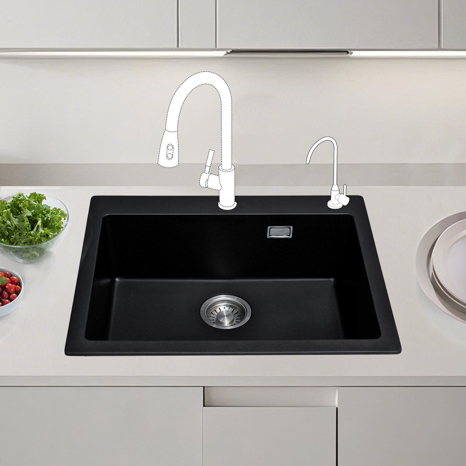 JASSFERRY Black Composite Kitchen Sink Drop-in Deep Single Bowl with Waste -6151