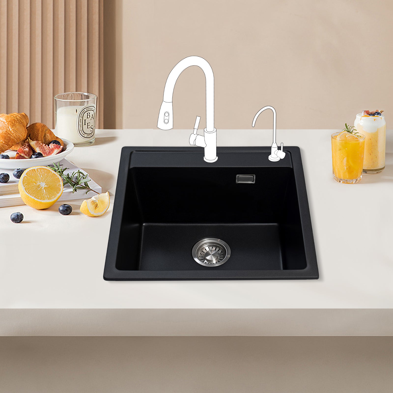 JASSFERRY Black Composite Kitchen Sink Inset Single Bowl with Waste -520