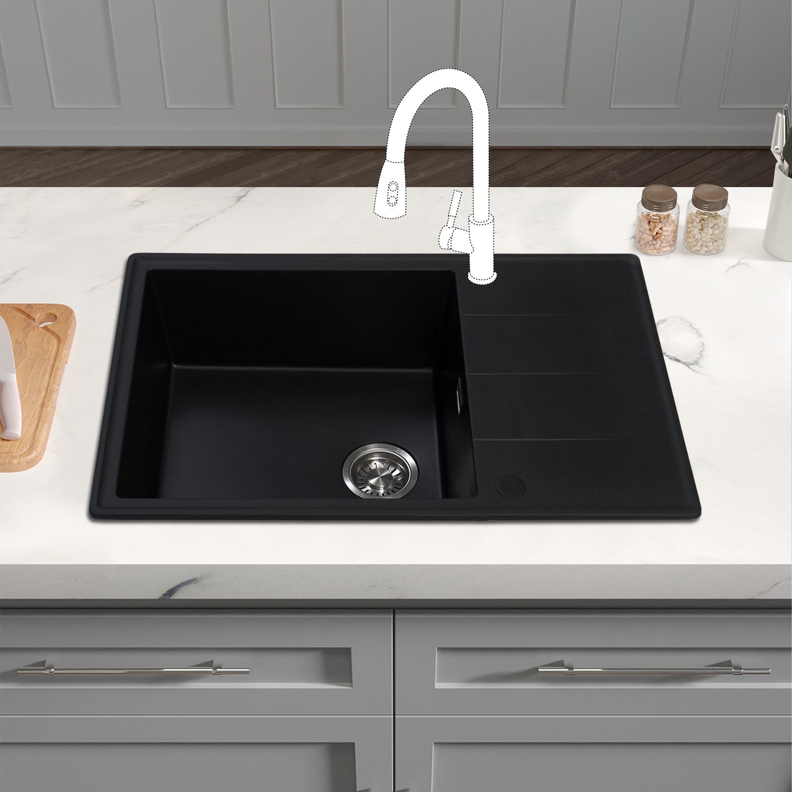 JASSFERRY Black Composite Kitchen Sink Inset Quartz Reversible Drainer 1.0 Bowl with Waste -7850