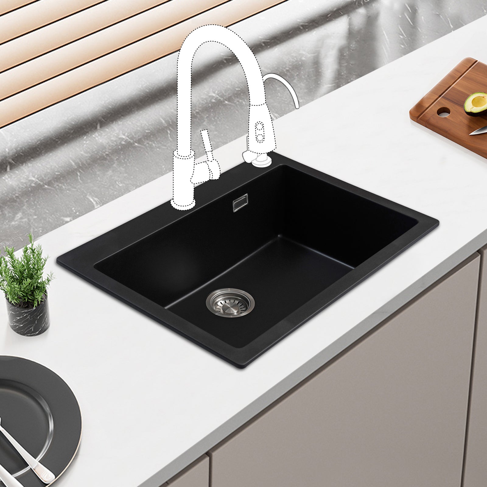 JASSFERRY Black Composite Kitchen Sink Drop-in Deep Single Bowl with Waste -7051