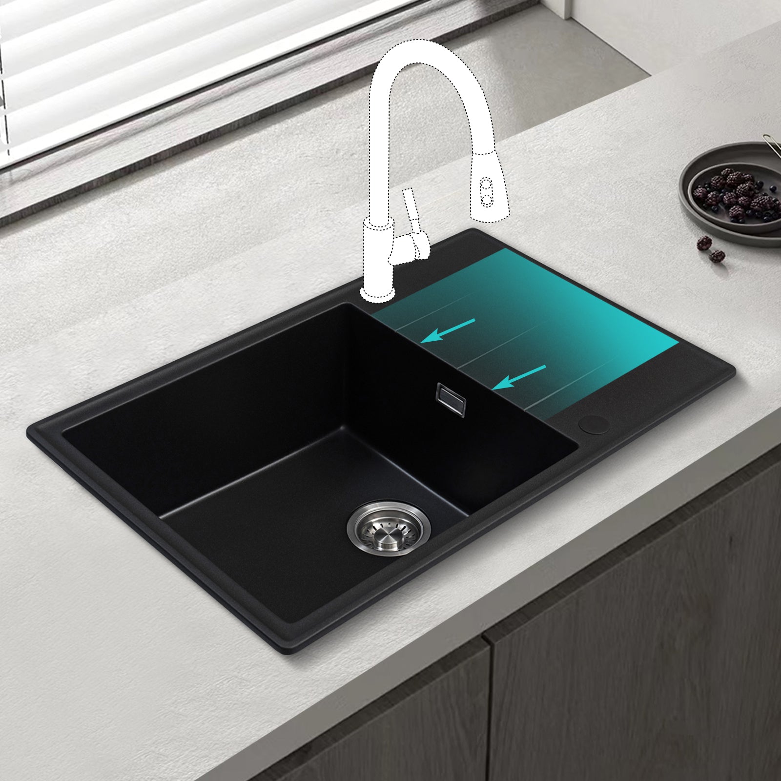 JASSFERRY Black Composite Kitchen Sink Inset Quartz Reversible Drainer 1.0 Bowl with Waste -7850