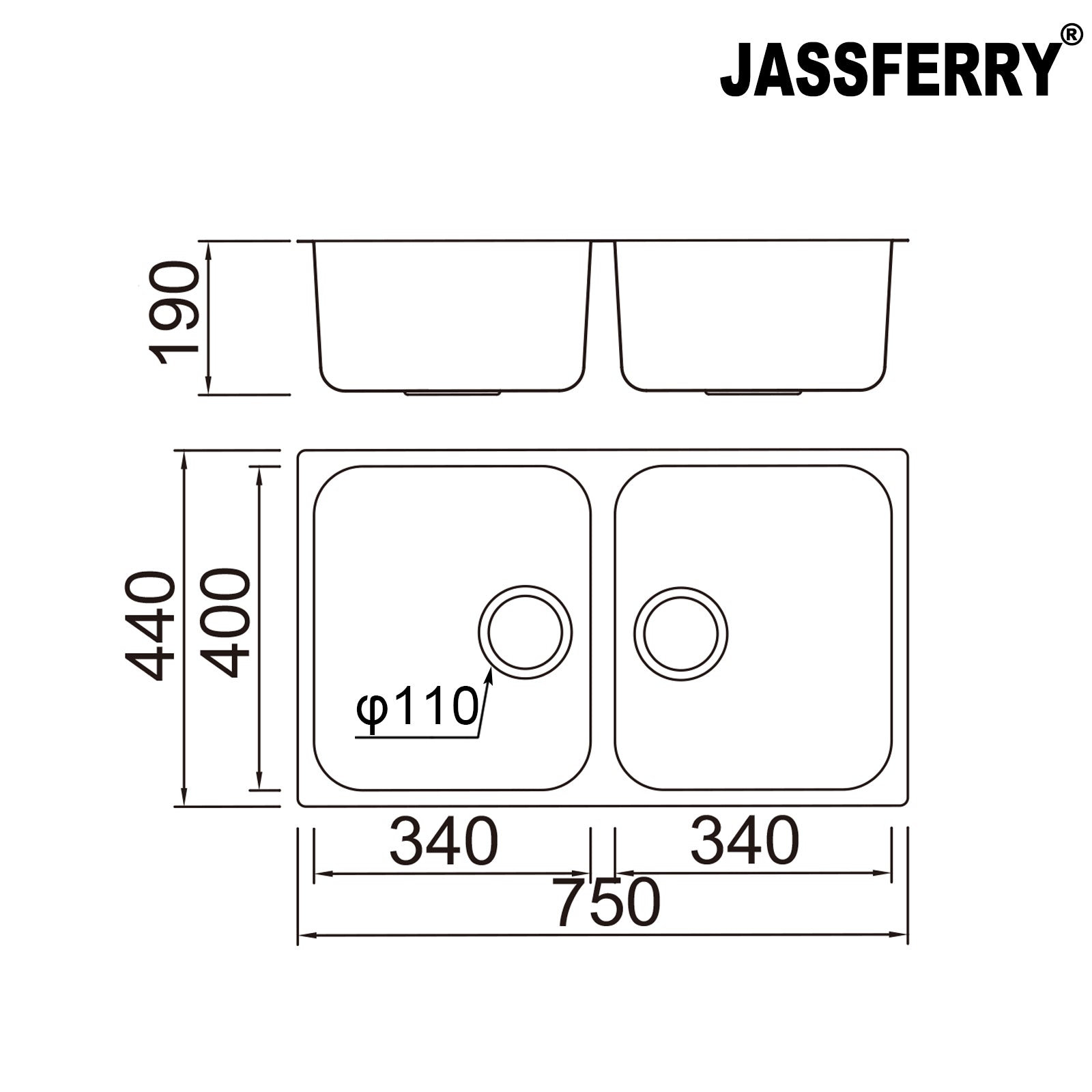 JASSFERRY Undermount Stainless Steel Kitchen Sink Double Square Bowl -985