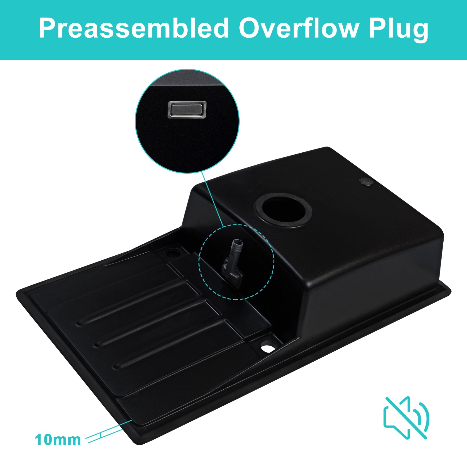 JASSFERRY Black Composite Kitchen Sink Inset Quartz Reversible Drainer 1.0 Bowl with Waste -8650