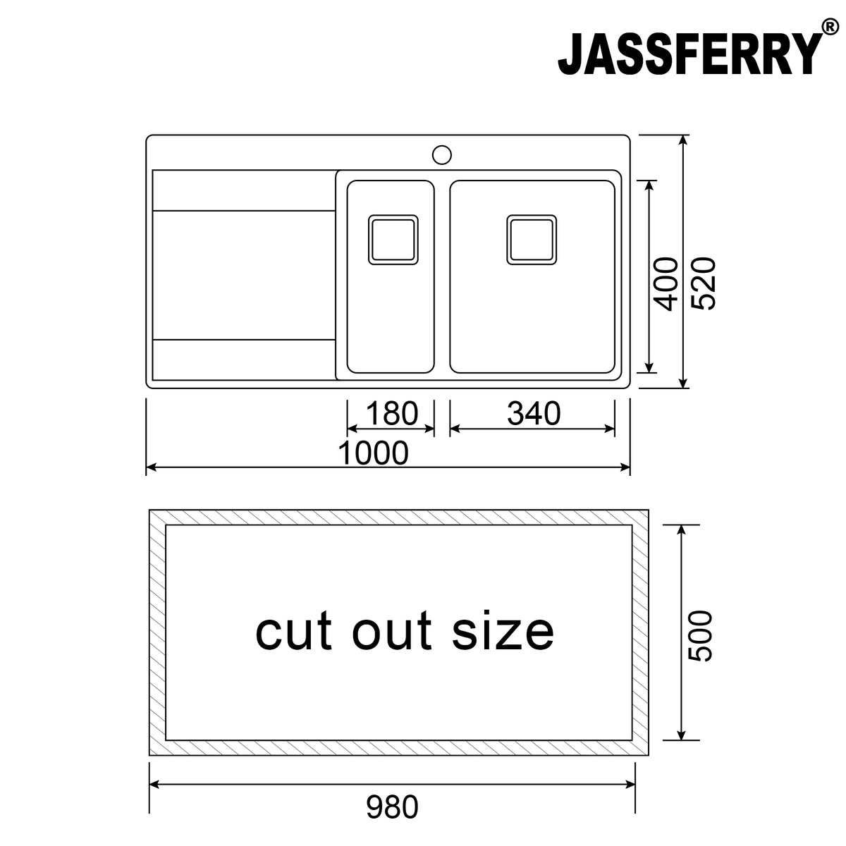 JASSFERRY Stainless Steel Kitchen Sink, 1.5 Bowl Left Hand Drainer, Square Strainer, 1000 x 520mm -698R