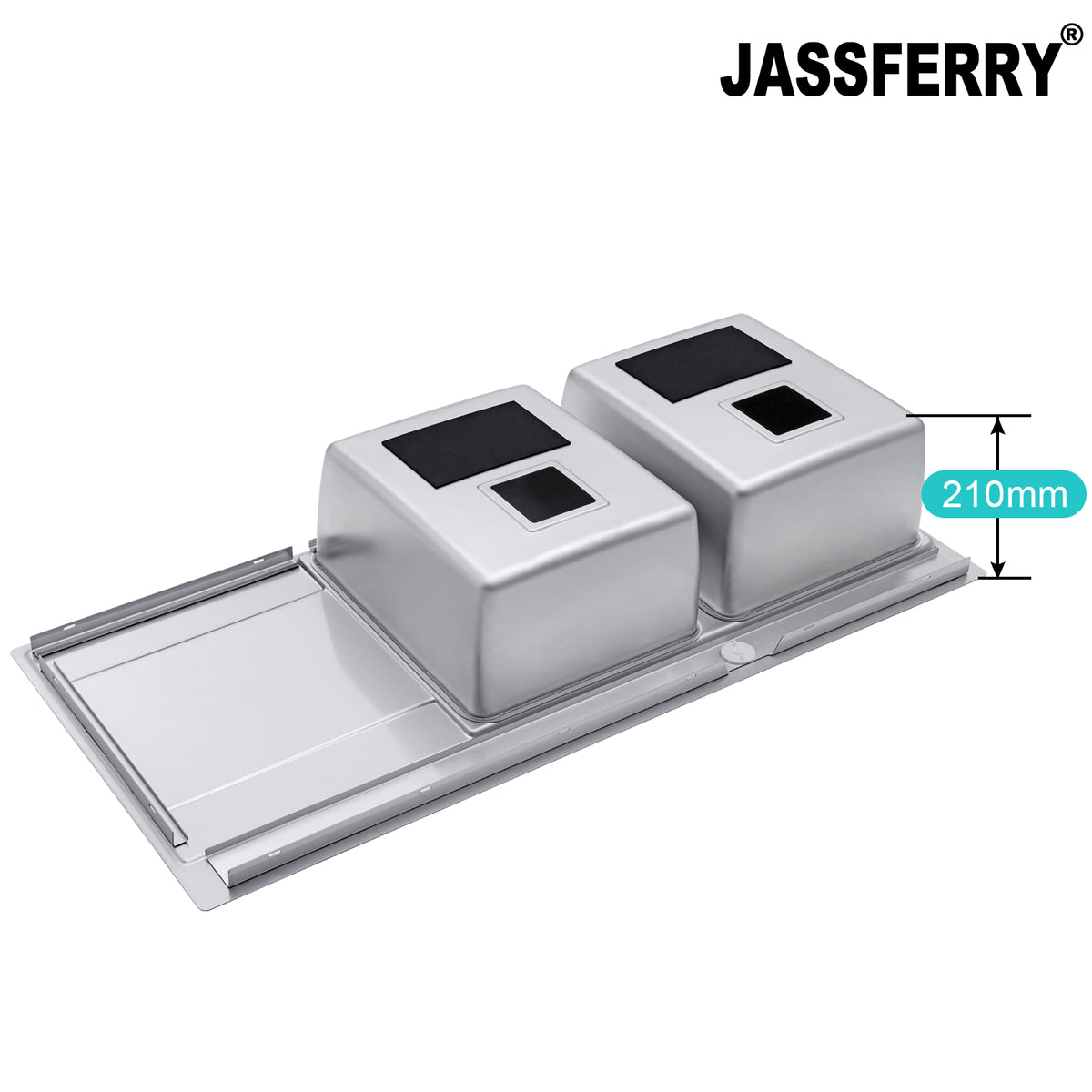 JASSFERRY Stainless Steel Kitchen Sink, 2 Bowl Left Hand Drainer, Square Strainer, 1160 x 520mm -699R
