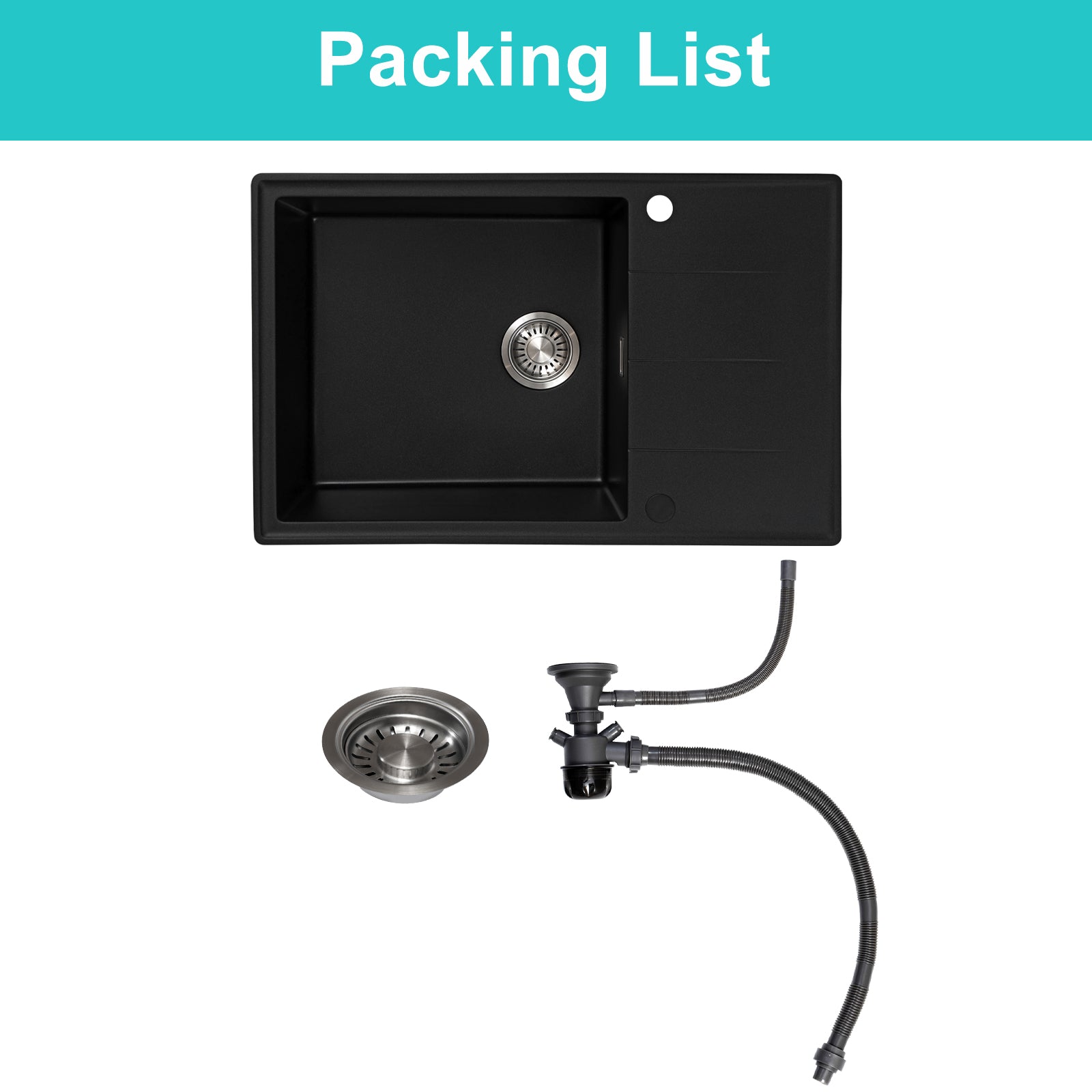 JASSFERRY Black Composite Kitchen Sink Inset Quartz Reversible Drainer 1.0 Bowl with Waste -7850