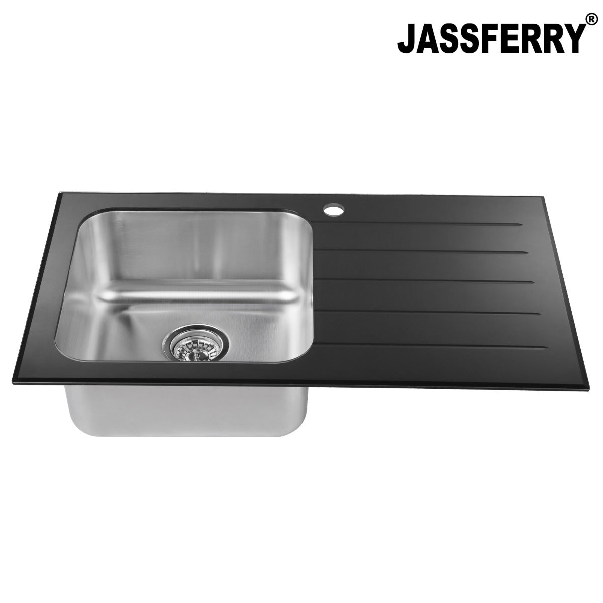 JassferryJASSFERRY Black Glass Top Kitchen Sink 1 Stainless Steel Bowl Righthand Drainer - 772BKitchen Sink