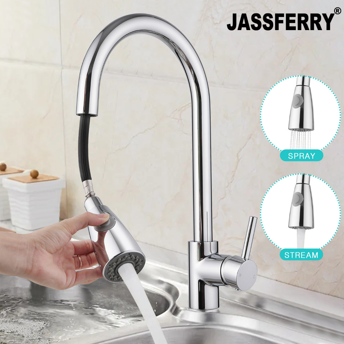 JassferryJASSFERRY 360 Degree Kitchen Mixer taps with Pull Out Spray Polish ChromeKitchen taps