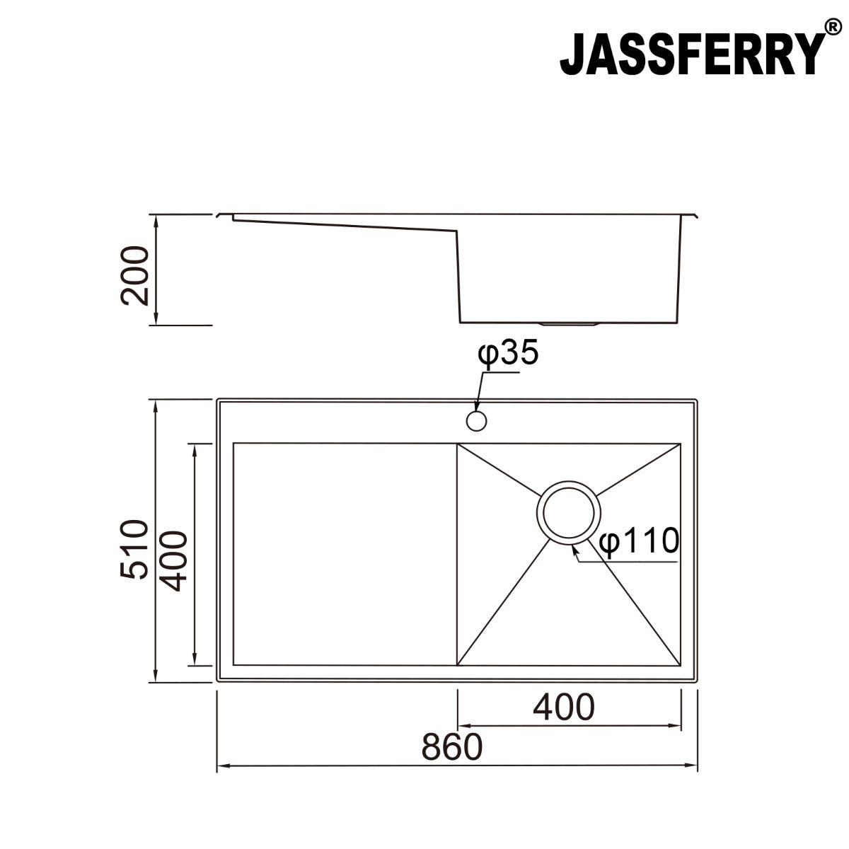 JassferryJASSFERRY Handcrafted Stainless Steel Kitchen Sink Inset 1 Bowl Lefthand DrainerKitchen Sinks