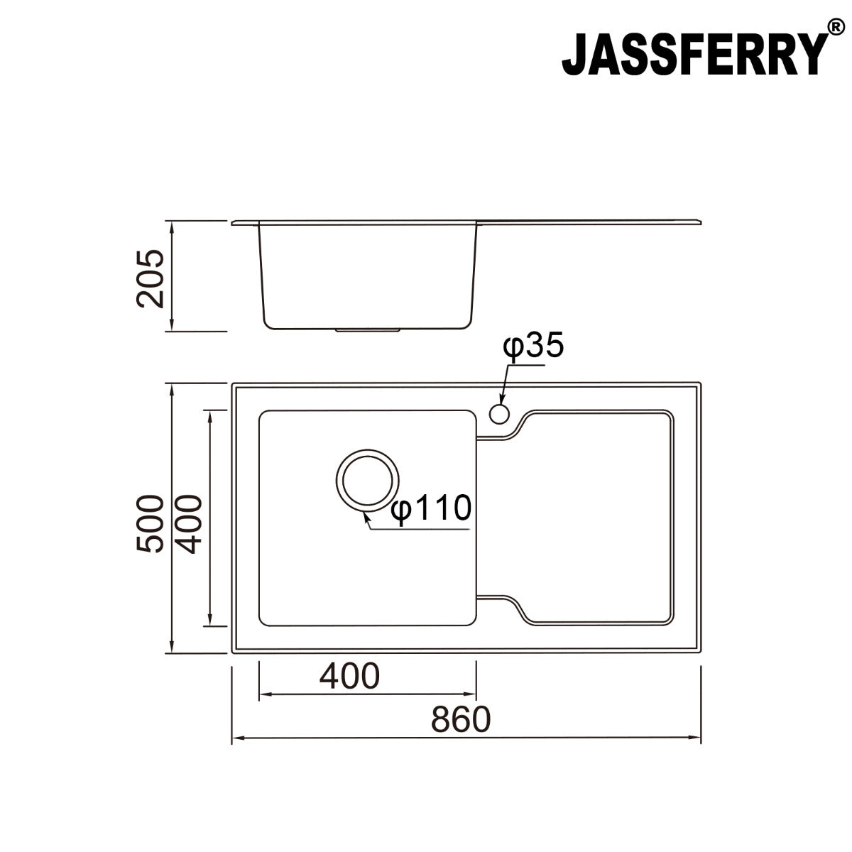 JassferryJASSFERRY Kitchen Sink Stainless Steel Single Bowl Black Glass Righthand DrainerKitchen Sinks