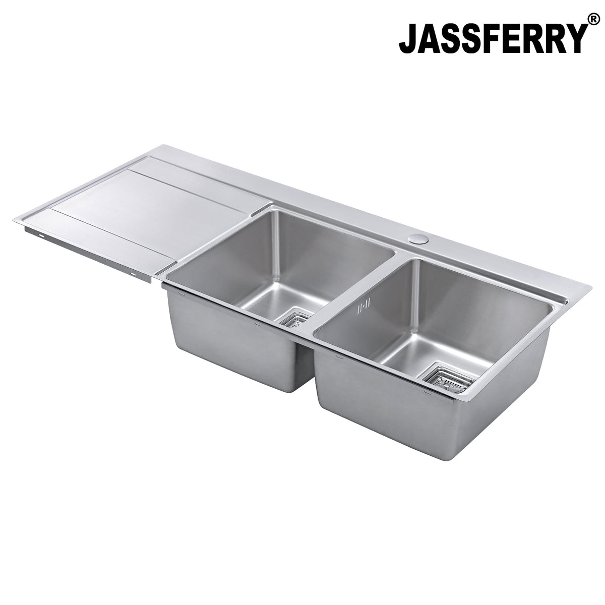 JASSFERRY Stainless Steel Kitchen Sink, 2 Bowl Left Hand Drainer, Square Strainer, 1160 x 520mm -699R