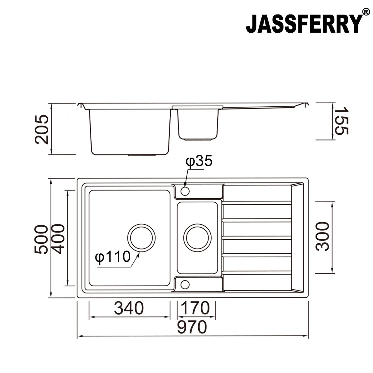 JassferryJASSFERRY Welding Stainless Steel Kitchen Sink 1.5 One Half Bowl Reversible DrainerKitchen Sinks