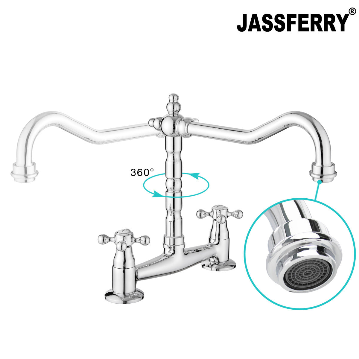 JassferryJASSFERRY 2 Hole Kitchen Mixer tap Chrome with Swivel Spout Cross HandleKitchen taps