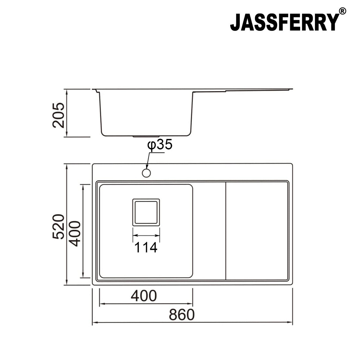 JassferryJASSFERRY 860x520 mm Brilliant Stainless Steel Kitchen Sink Single 1 Bowl Righthand Drainer - 660Kitchen Sinks