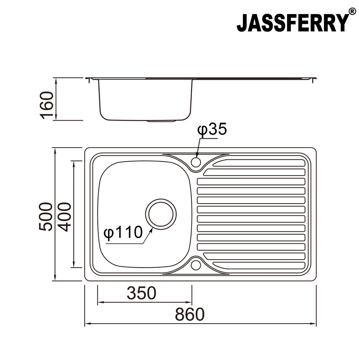 JassferryJASSFERRY Stainless Steel Kitchen Sink Inset Single 1 Bowl Reversible DrainerKitchen Sinks