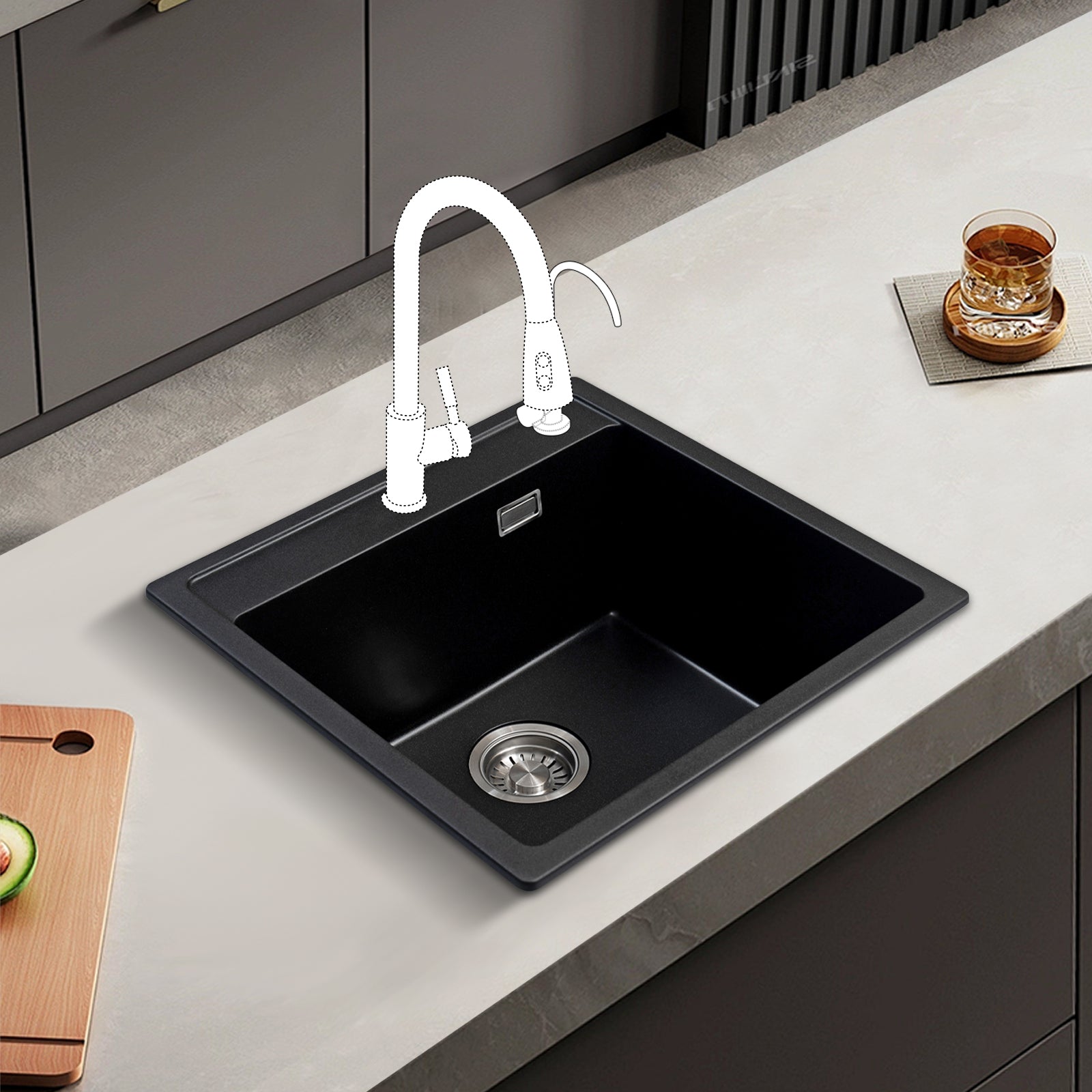 JASSFERRY Black Composite Kitchen Sink Inset Single Bowl with Waste -520