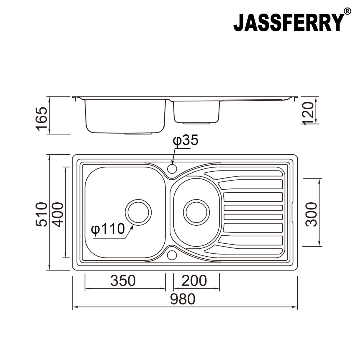 JassferryJASSFERRY Stainless Steel Kitchen Sink Inset One Half Bowl Reversible Drainer - 954Kitchen Sinks