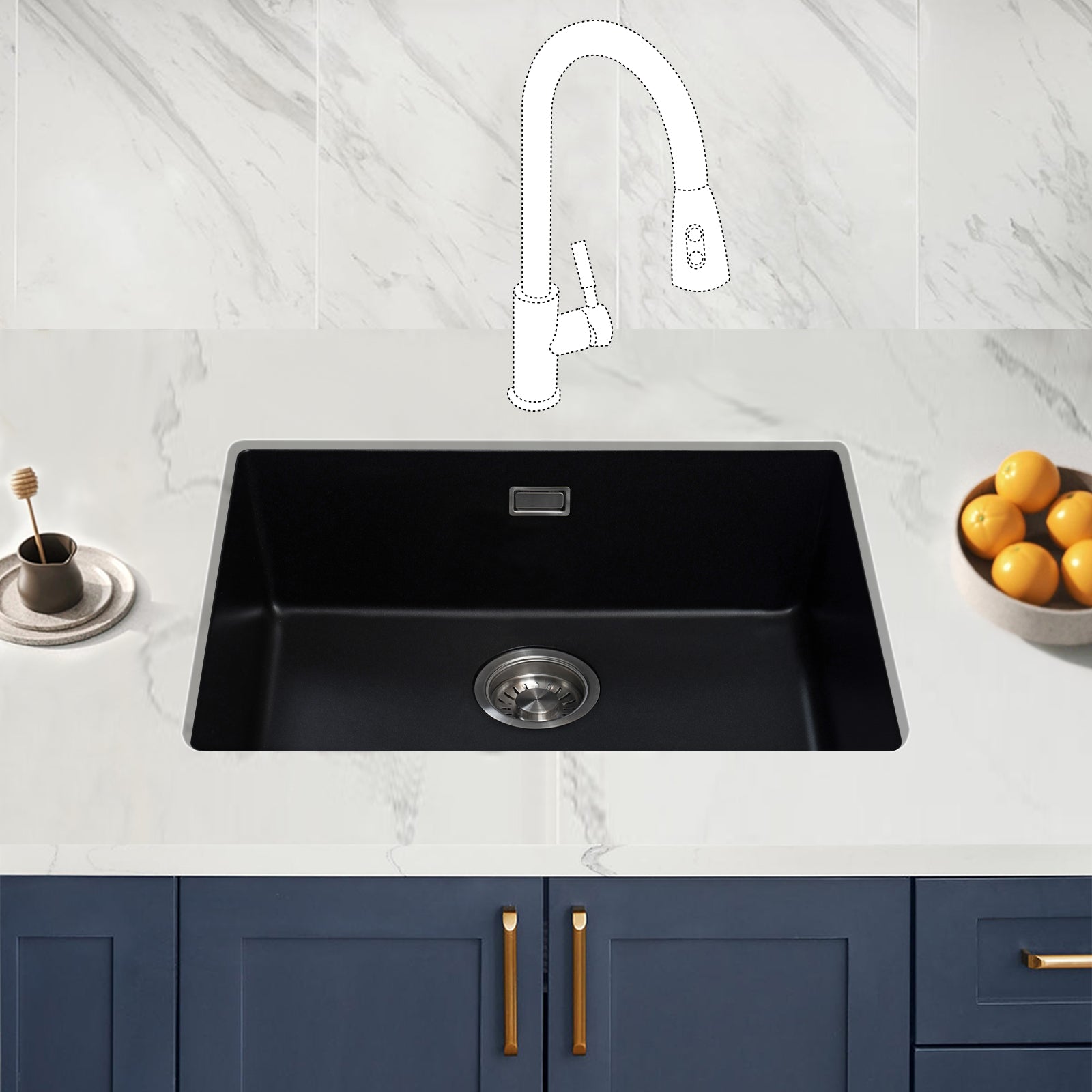 JASSFERRY Black Composite Kitchen Sink Undermount Single Bowl with Waste -575