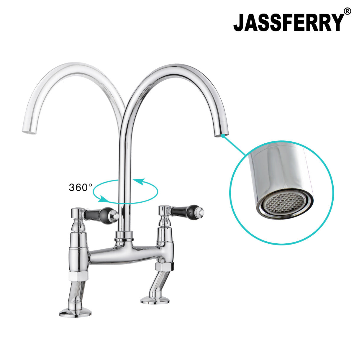 JassferryJASSFERRY 2 Hole Kitchen Mixer tap Chrome with Swivel Spout Bridge TapKitchen taps