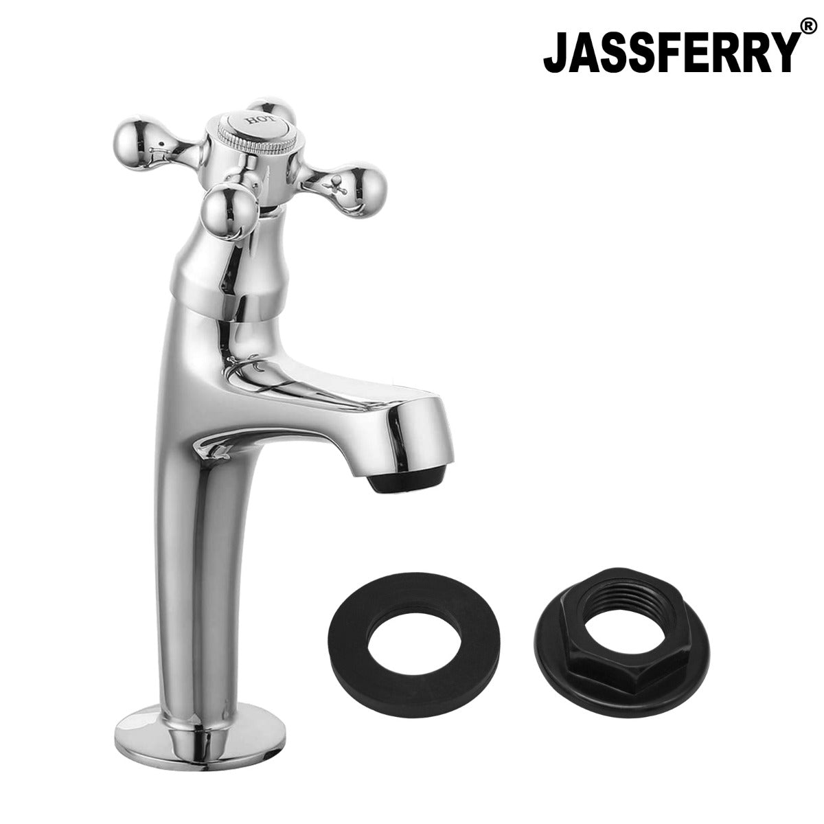 JassferryJASSFERRY Pair of Basin Taps Hot & Cold Water Bath Cross Handle High Neck ChromeBasin Taps