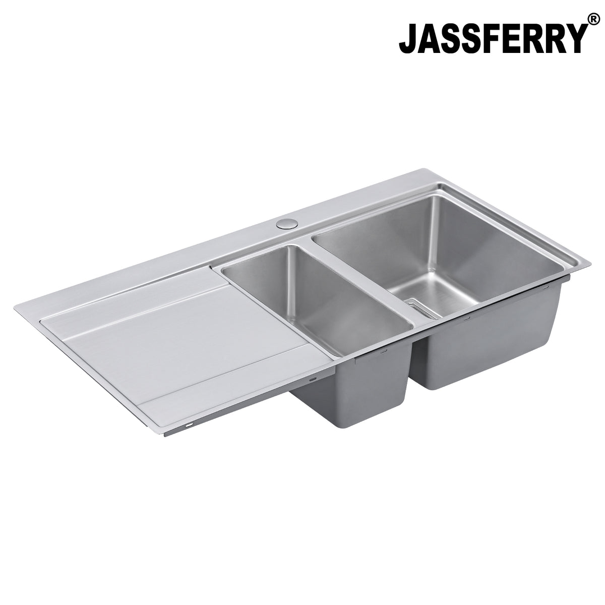 JASSFERRY Stainless Steel Kitchen Sink, 1.5 Bowl Left Hand Drainer, Square Strainer, 1000 x 520mm -698R