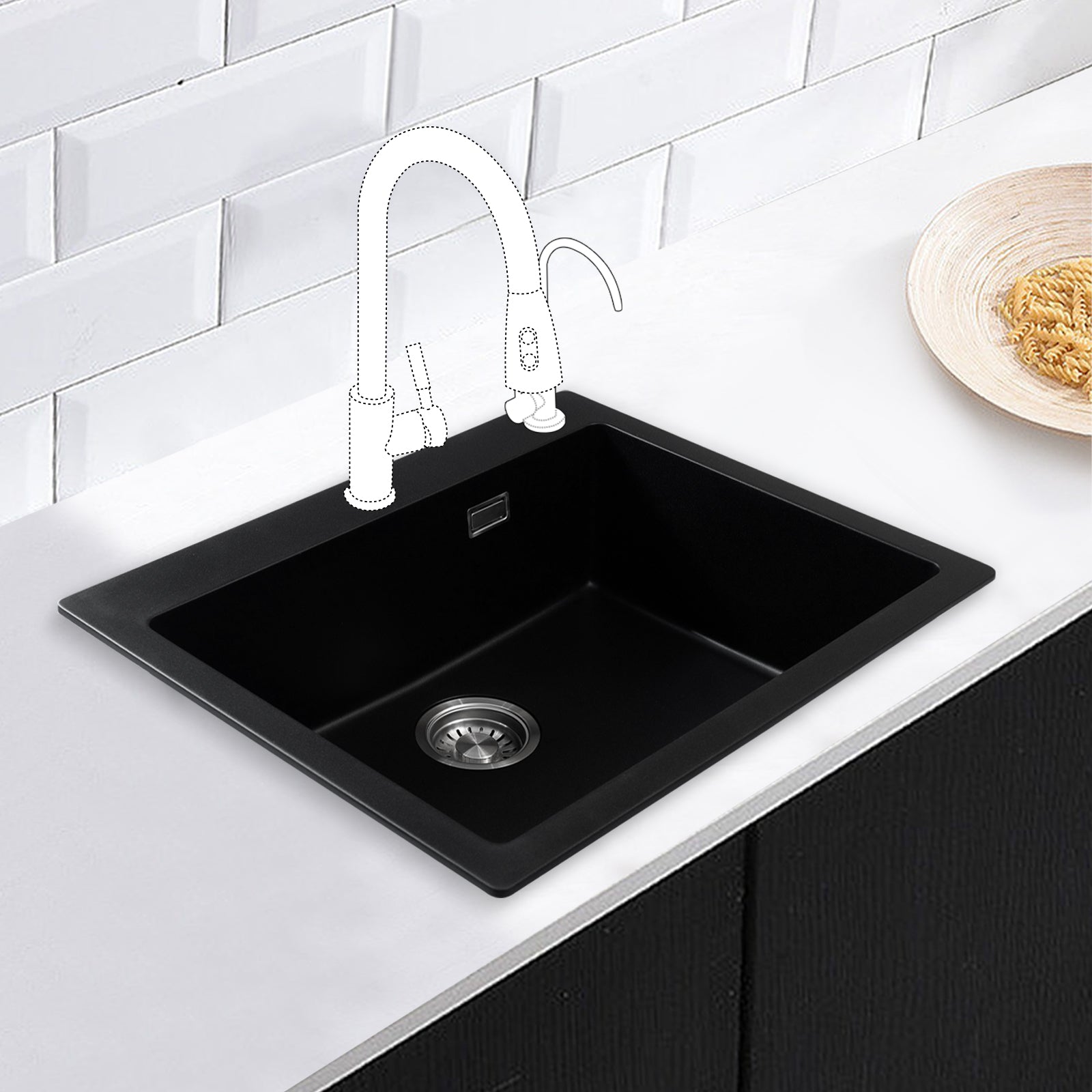 JASSFERRY Black Composite Kitchen Sink Drop-in Deep Single Bowl with Waste -6151