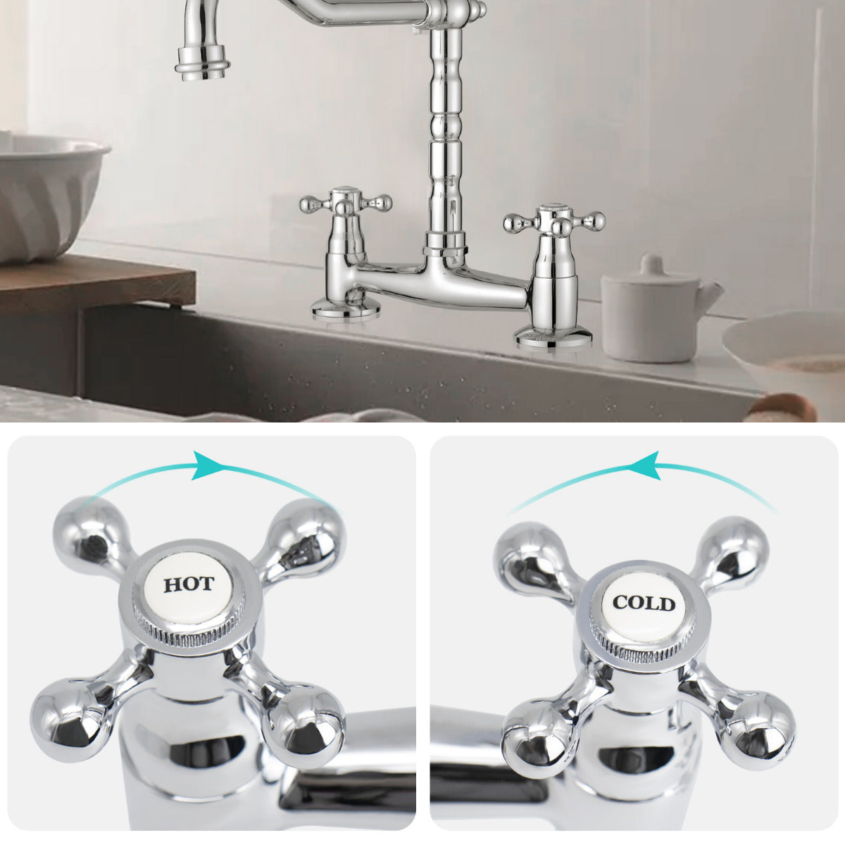 JassferryJASSFERRY 2 Hole Kitchen Mixer tap Chrome with Swivel Spout Cross HandleKitchen taps