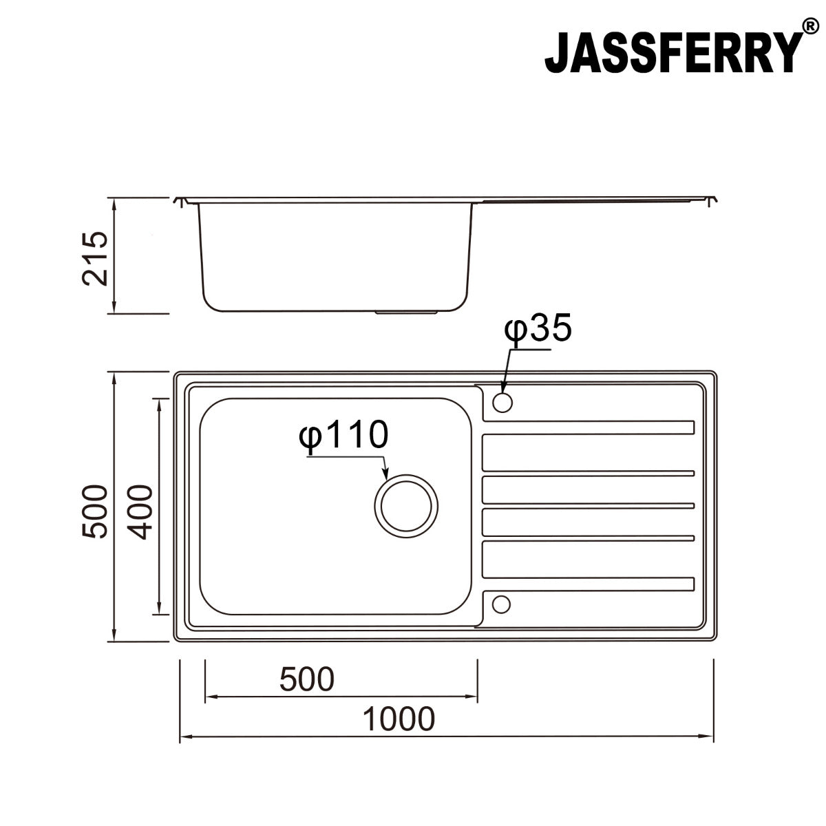 JassferryJASSFERRY Welding Stainless Steel Kitchen Sink Single Large Bowl Reversible DrainerKitchen Sinks