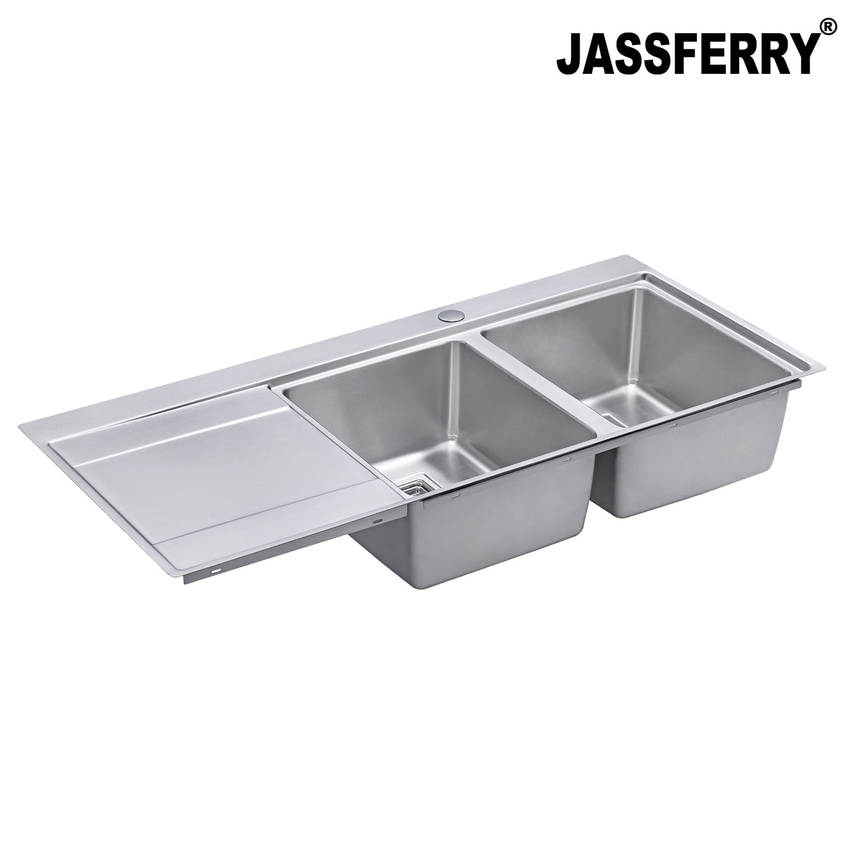 JASSFERRY Stainless Steel Kitchen Sink, 2 Bowl Left Hand Drainer, Square Strainer, 1160 x 520mm -699R