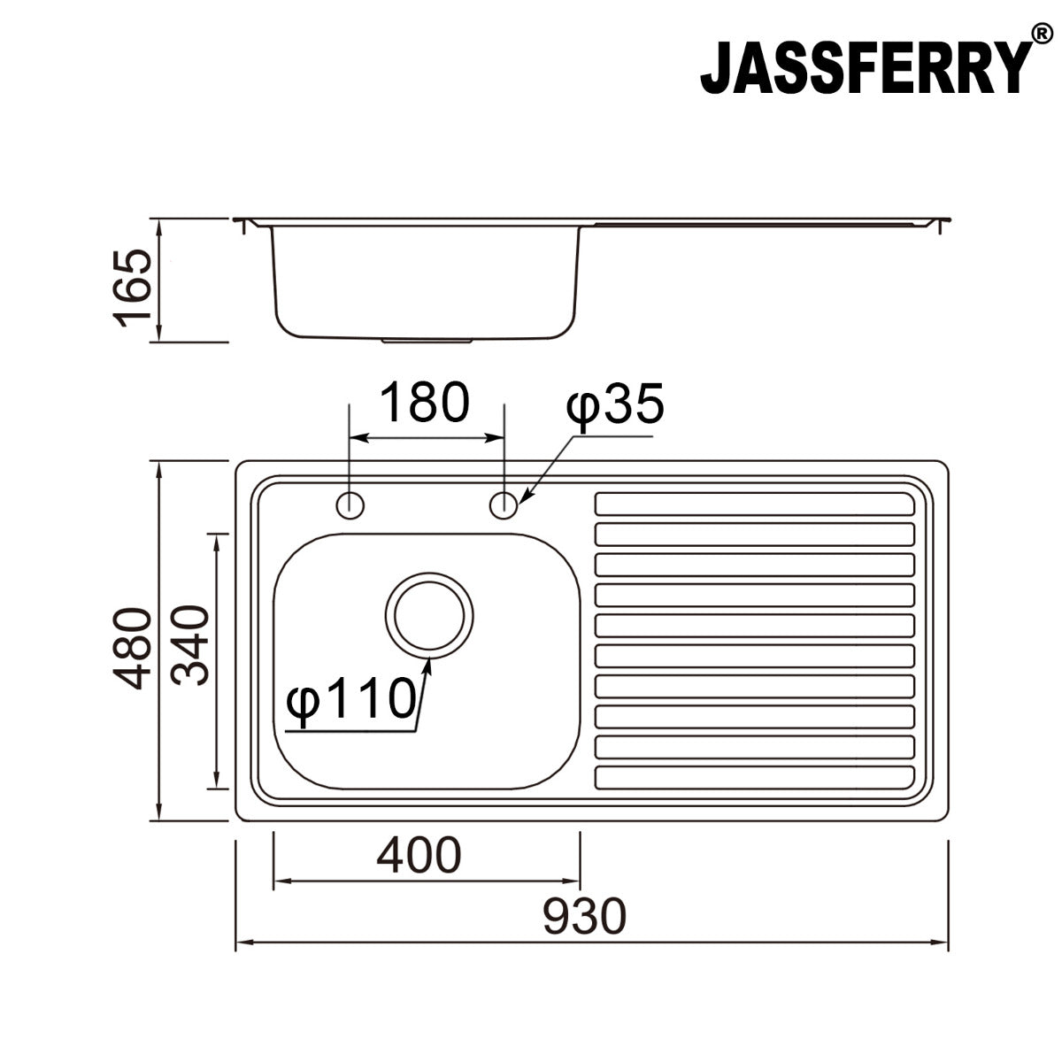 JassferryJASSFERRY Two Tap Holes Stainless Steel Kitchen Sink 1 Bowl Righthand DrainerKitchen Sinks