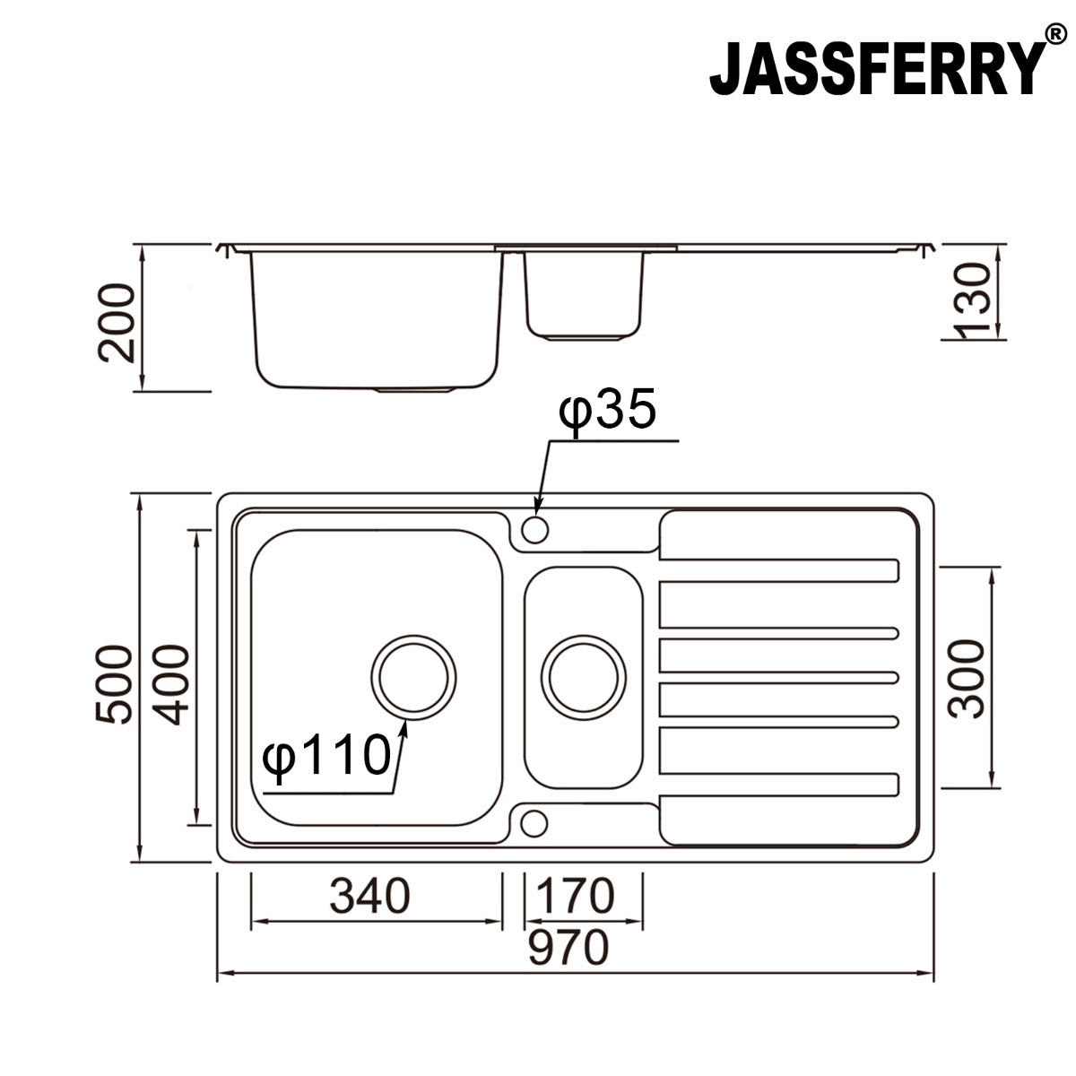 JassferryJASSFERRY Stainless Steel Kitchen Sink Inset One Half Bowl Reversible DrainerKitchen Sinks