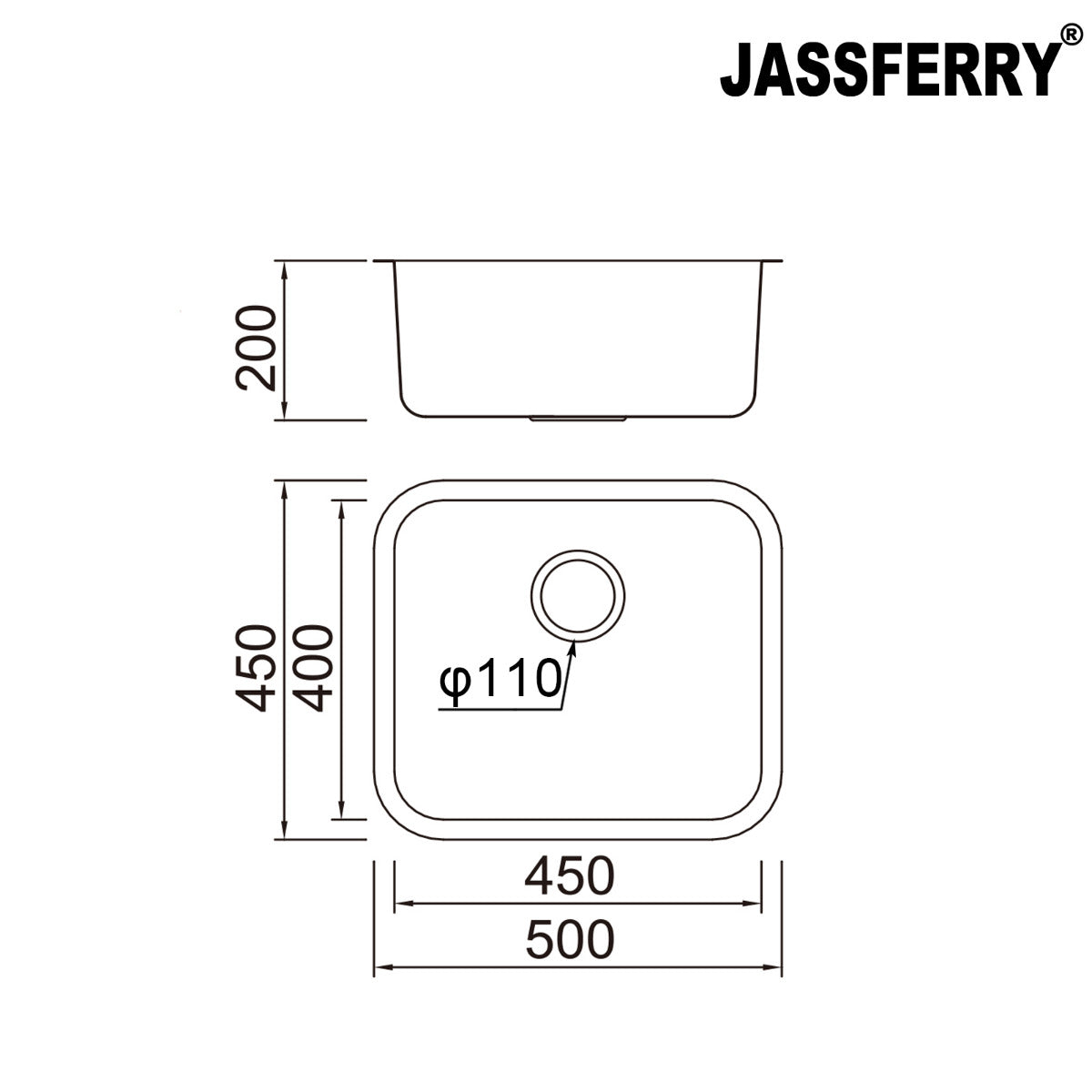 JassferryJASSFERRY 500 x 450 MM Undermount Stainless Steel Kitchen Sink Single 1.0 Bowl - 621Kitchen Sinks