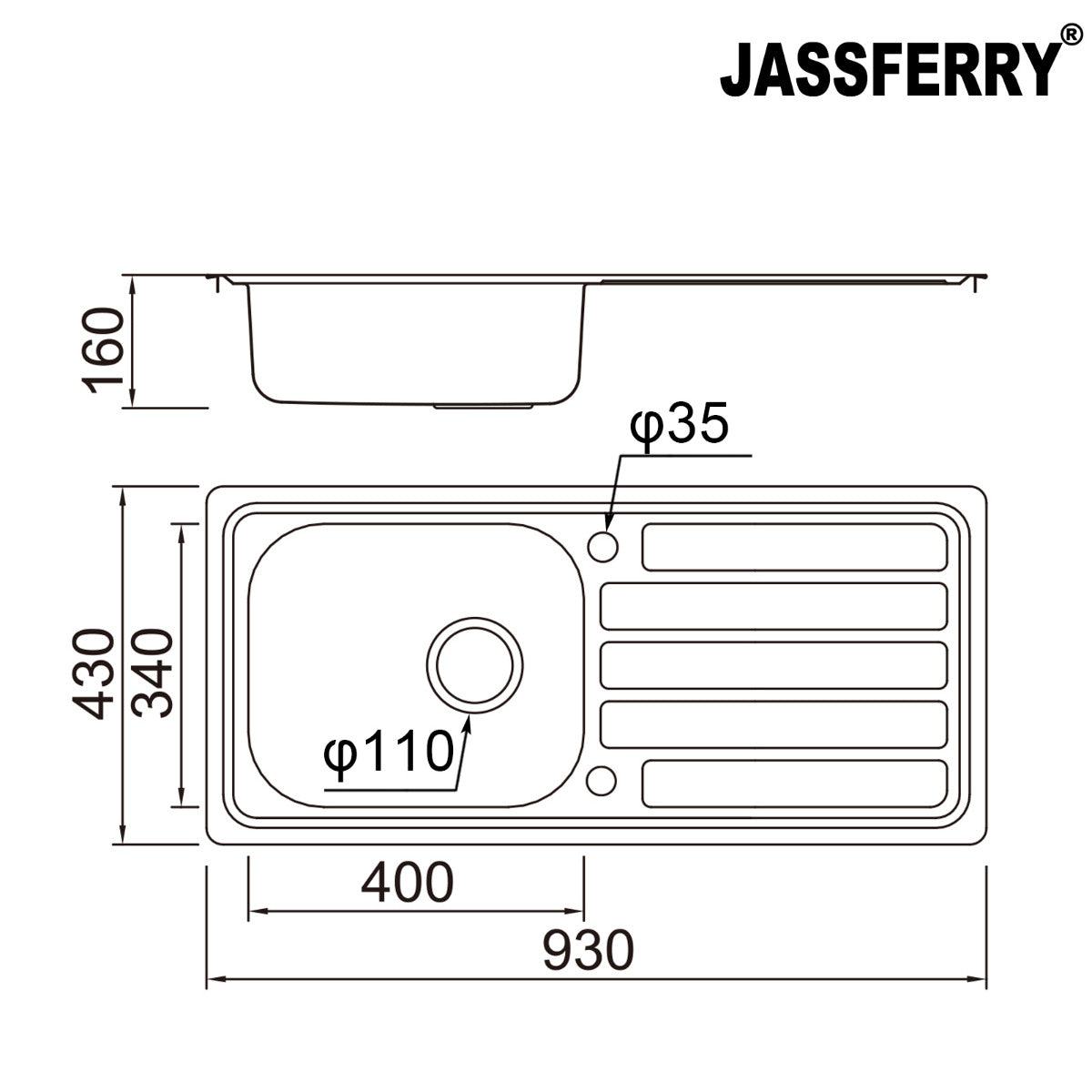 JassferryJASSFERRY 930 x 430 mm Stainless Steel Kitchen Sink 1 Bowl with Waste StrainerKitchen Sink