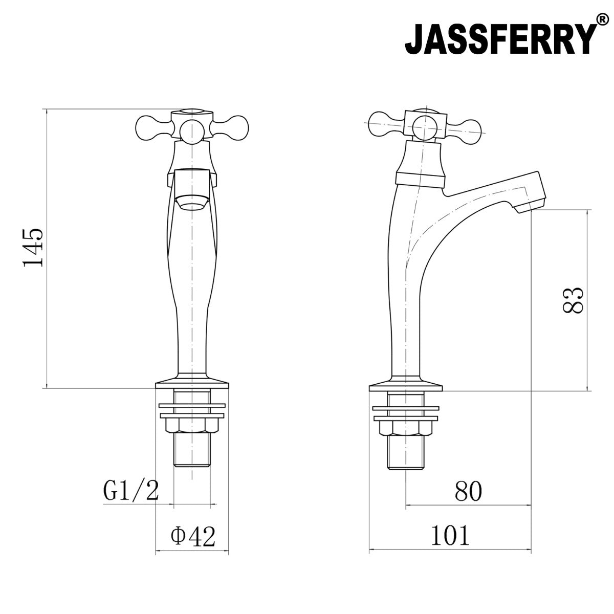 JassferryJASSFERRY Pair of Basin Taps Hot & Cold Water Bath Cross Handle High Neck ChromeBasin Taps