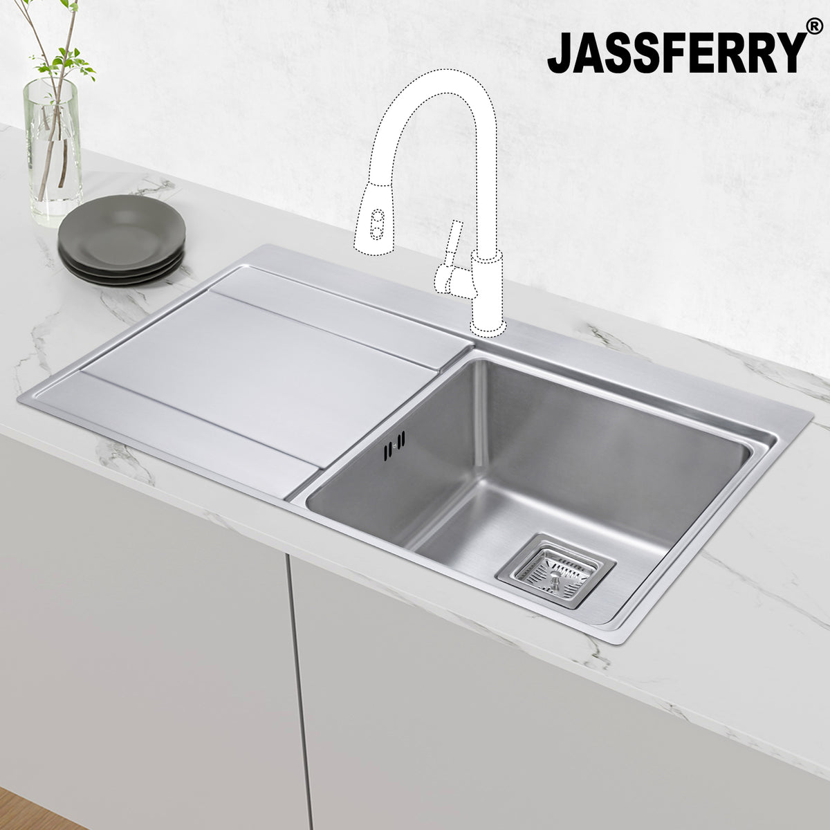 JASSFERRY Kitchen Sink 1.2 mm Stainless Steel Single Bowl Lefthand Drainer Square Strainer -696R