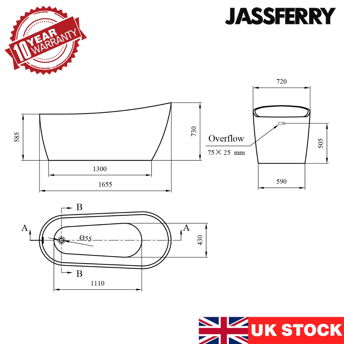 JassferryJASSFERRY Modern Design Freestanding Bathtub White Gloss Soaking Baths AcrylicBathtubs