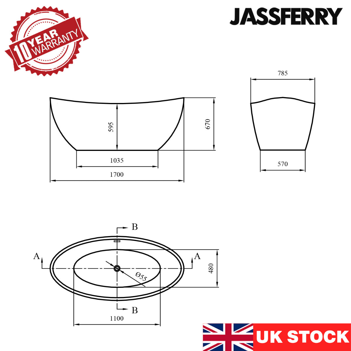 JassferryJASSFERRY 1700x785 mm Acrylic Modern Design Freestanding Bathtub Luxury Double EndedBathtubs