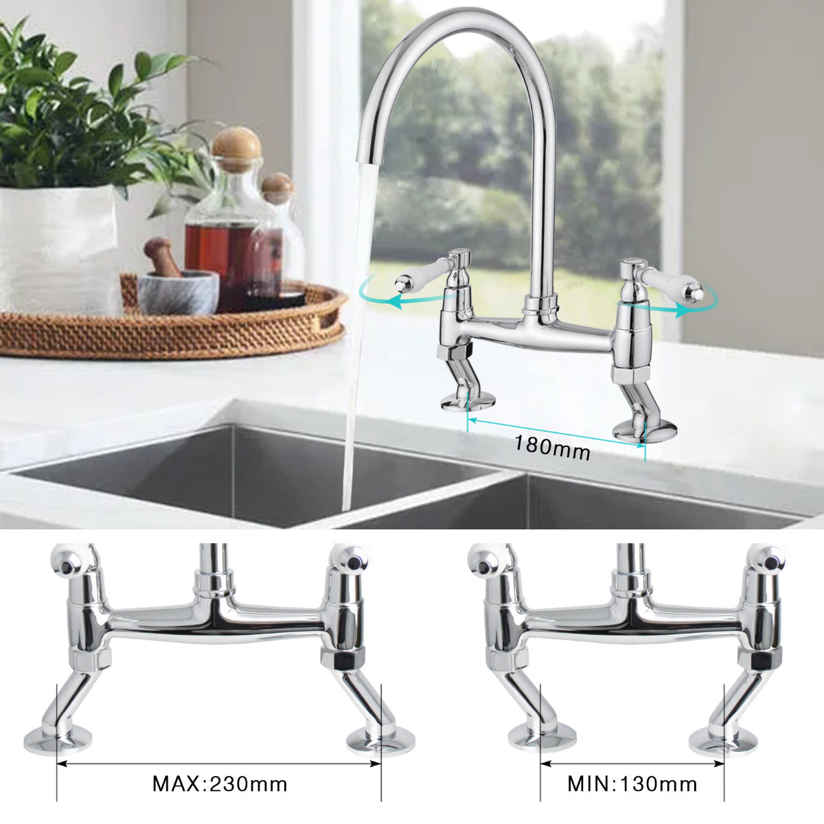 JassferryJASSFERRY Traditional Kitchen tap Mixers 2 Hole Deck Mounted Cold and Hot TapTaps