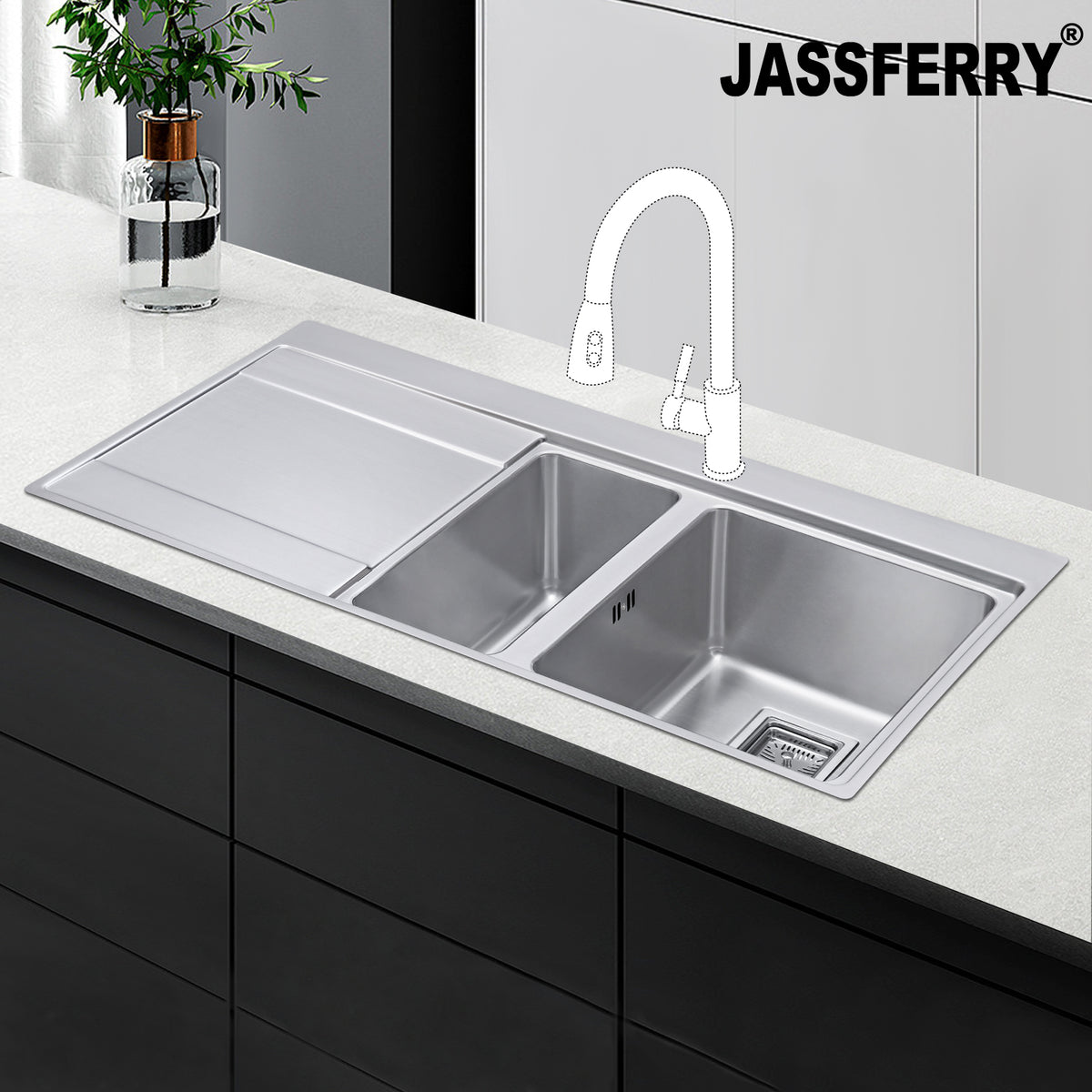 JASSFERRY Stainless Steel Kitchen Sink, 1.5 Bowl Left Hand Drainer, Square Strainer, 1000 x 520mm -698R