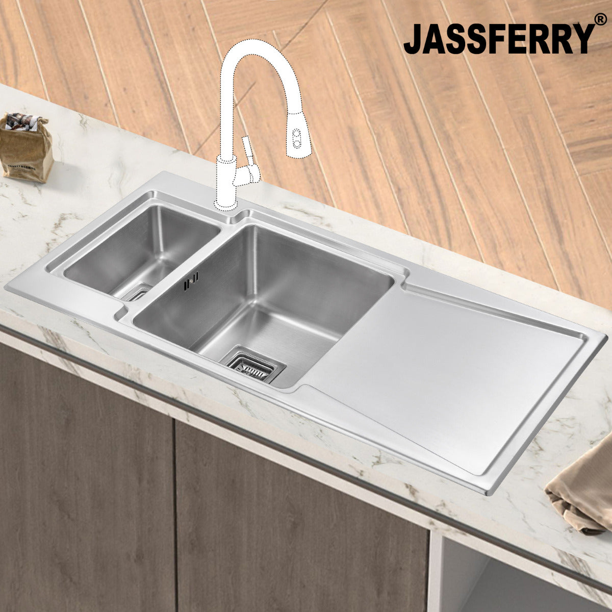 JassferryJASSFERRY Brilliant Stainless Steel Kitchen Sink One&Half Bowl Righthand DrainerKitchen Sink