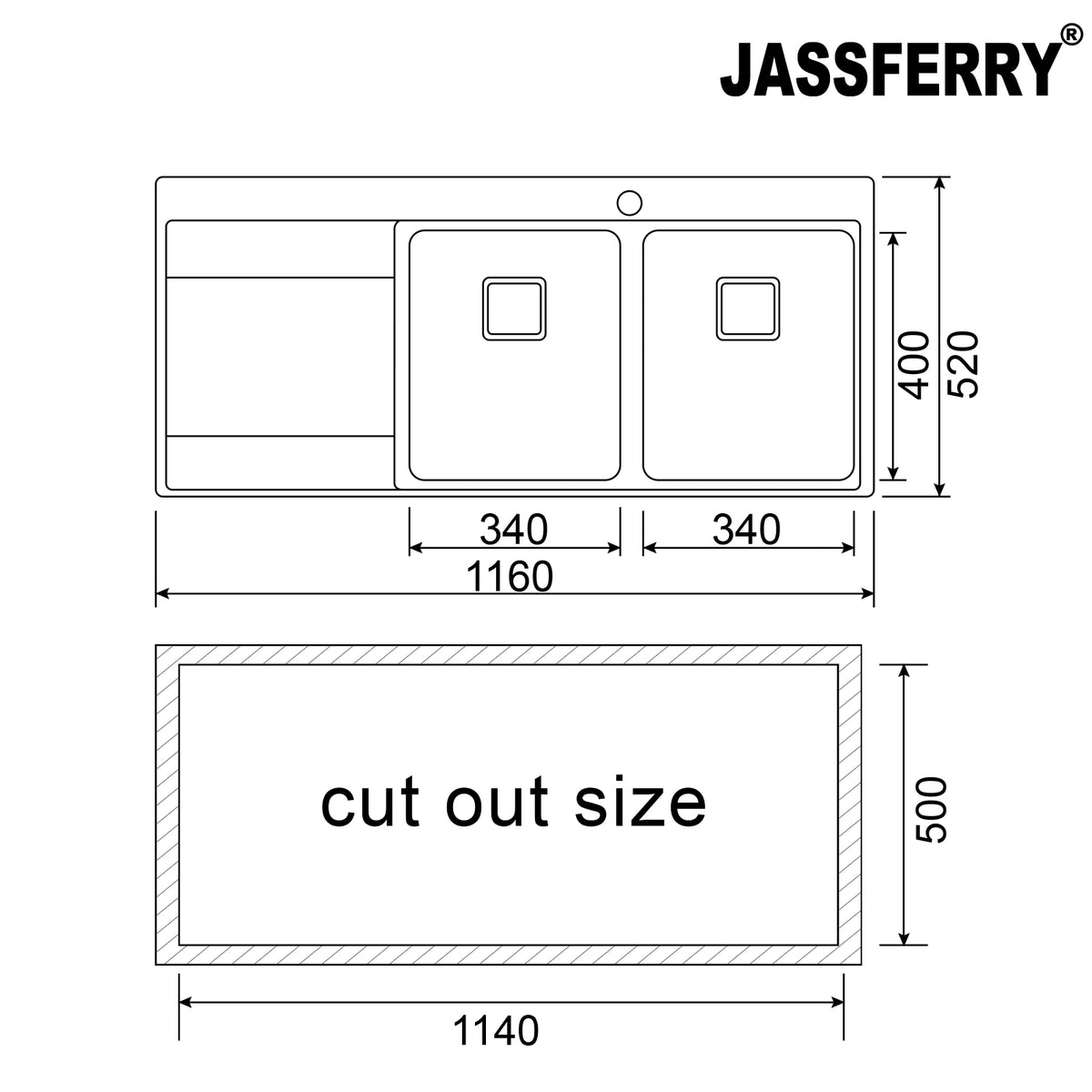 JASSFERRY Stainless Steel Kitchen Sink, 2 Bowl Left Hand Drainer, Square Strainer, 1160 x 520mm -699R