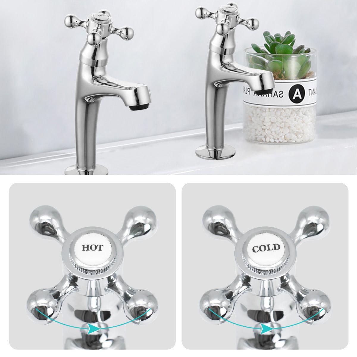 JassferryJASSFERRY Pair of Basin Taps Hot & Cold Water Bath Cross Handle High Neck ChromeBasin Taps