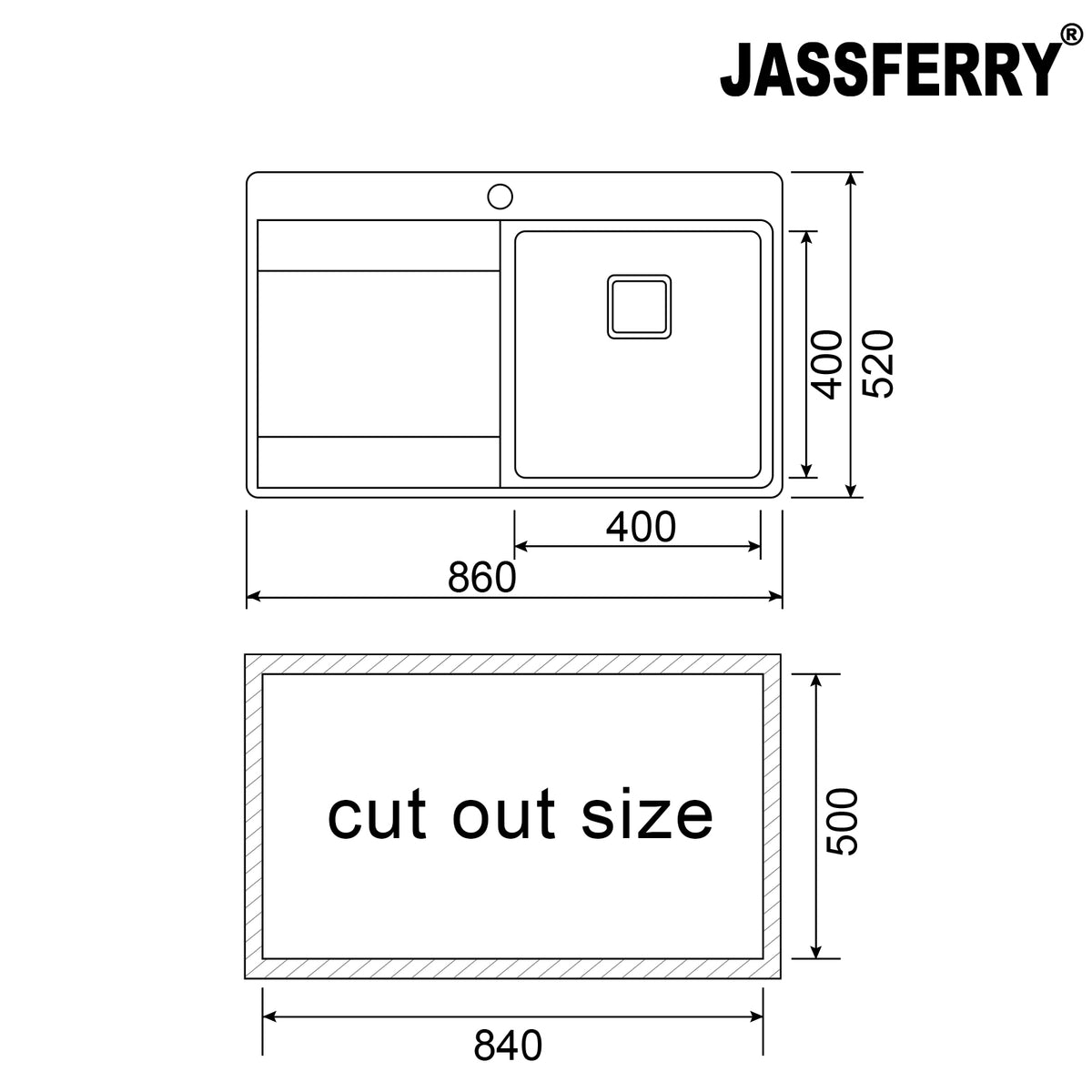 JASSFERRY Kitchen Sink 1.2 mm Stainless Steel Single Bowl Lefthand Drainer Square Strainer -696R