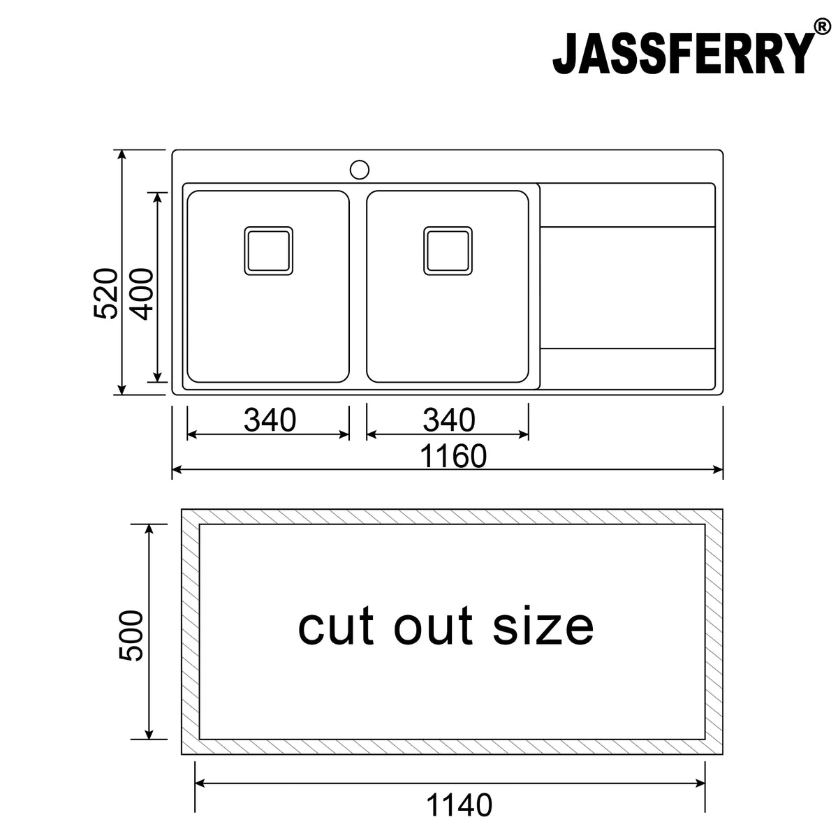 JASSFERRY Stainless Steel Kitchen Sink, 2 Bowl Right Hand Drainer, Square Strainer, 1160 x 520mm -699L