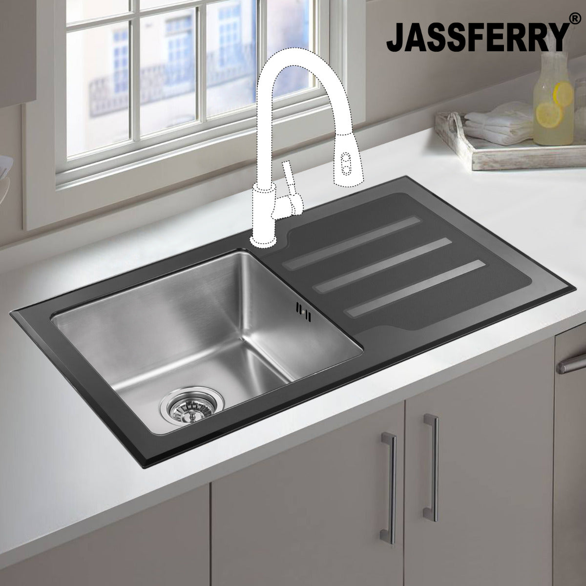 JassferryJASSFERRY Kitchen Sink Stainless Steel Single Bowl Black Glass Righthand DrainerKitchen Sinks