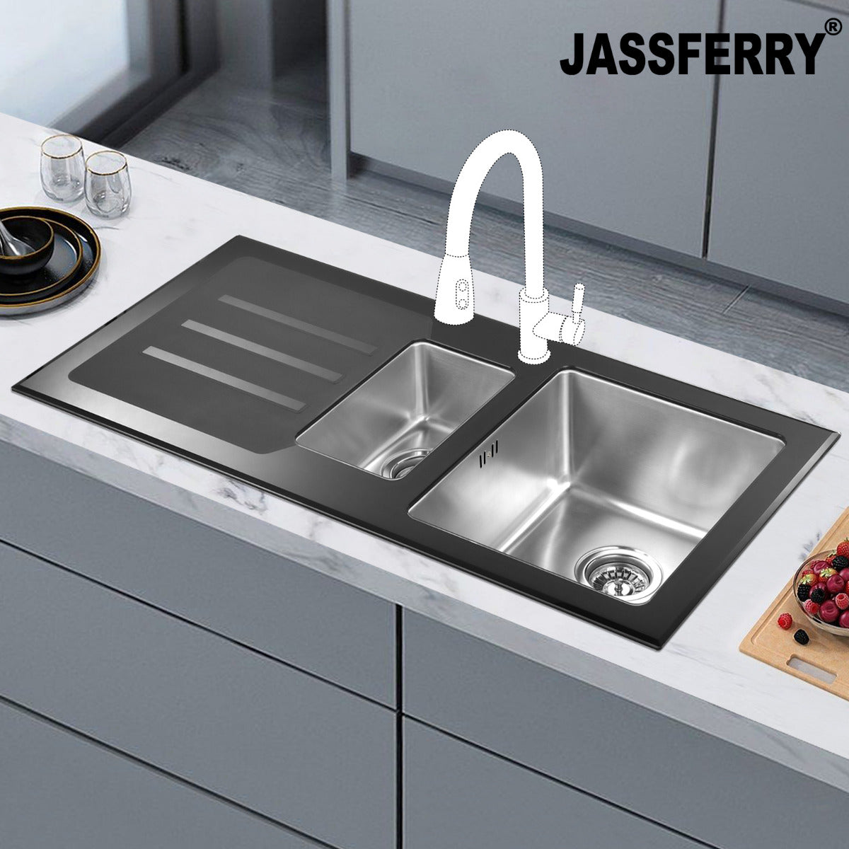 JassferryJASSFERRY Kitchen Sink Stainless Steel 1.5 Bowl Black Glass Lefthand DrainerKitchen Sinks