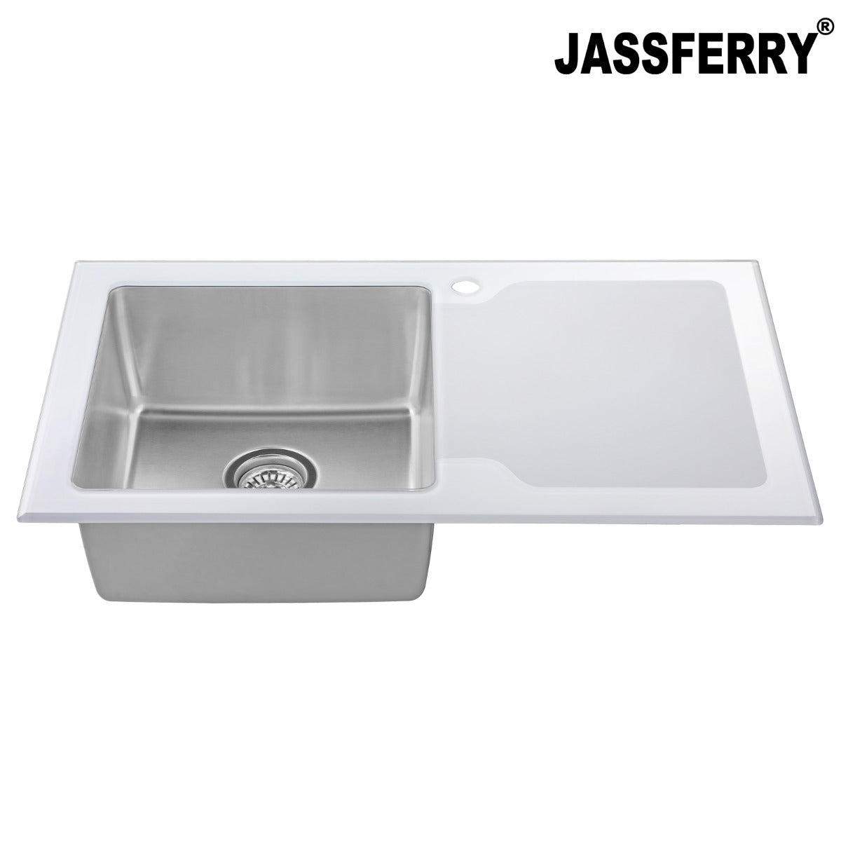 JassferryJASSFERRY White Glass Top Kitchen Sink 1 Stainless Steel Bowl Righthand DrainerKitchen Sinks