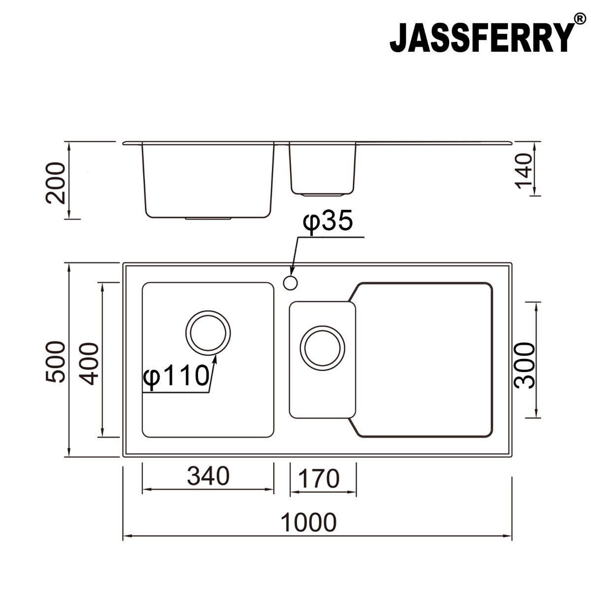 JassferryJASSFERRY White Glass Top Kitchen Sink Stainless Steel 1.5 Bowl Righthand DrainerKitchen Sinks